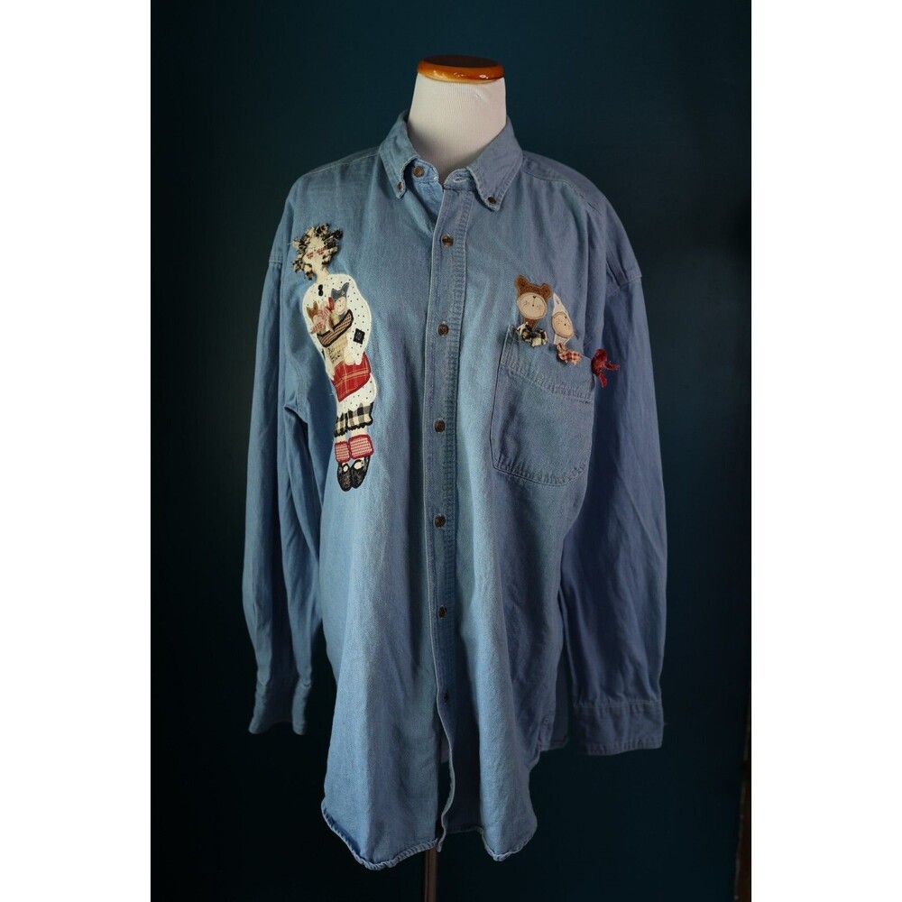 Vintage Most Wanted Denim Cat Lady Kittens Applique Oversize Button Up Jean L
